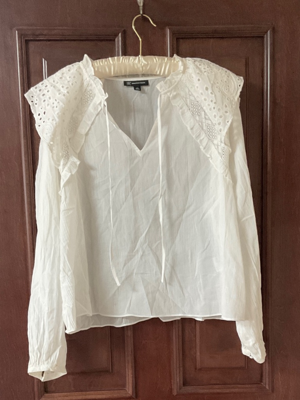 INC International Concepts White Eyelet Ruffle Peasant Blouse